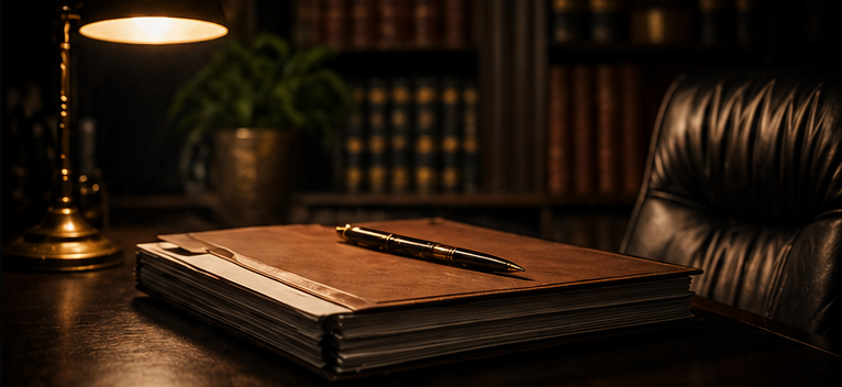 Law office consultation desk with case file and warm lamp